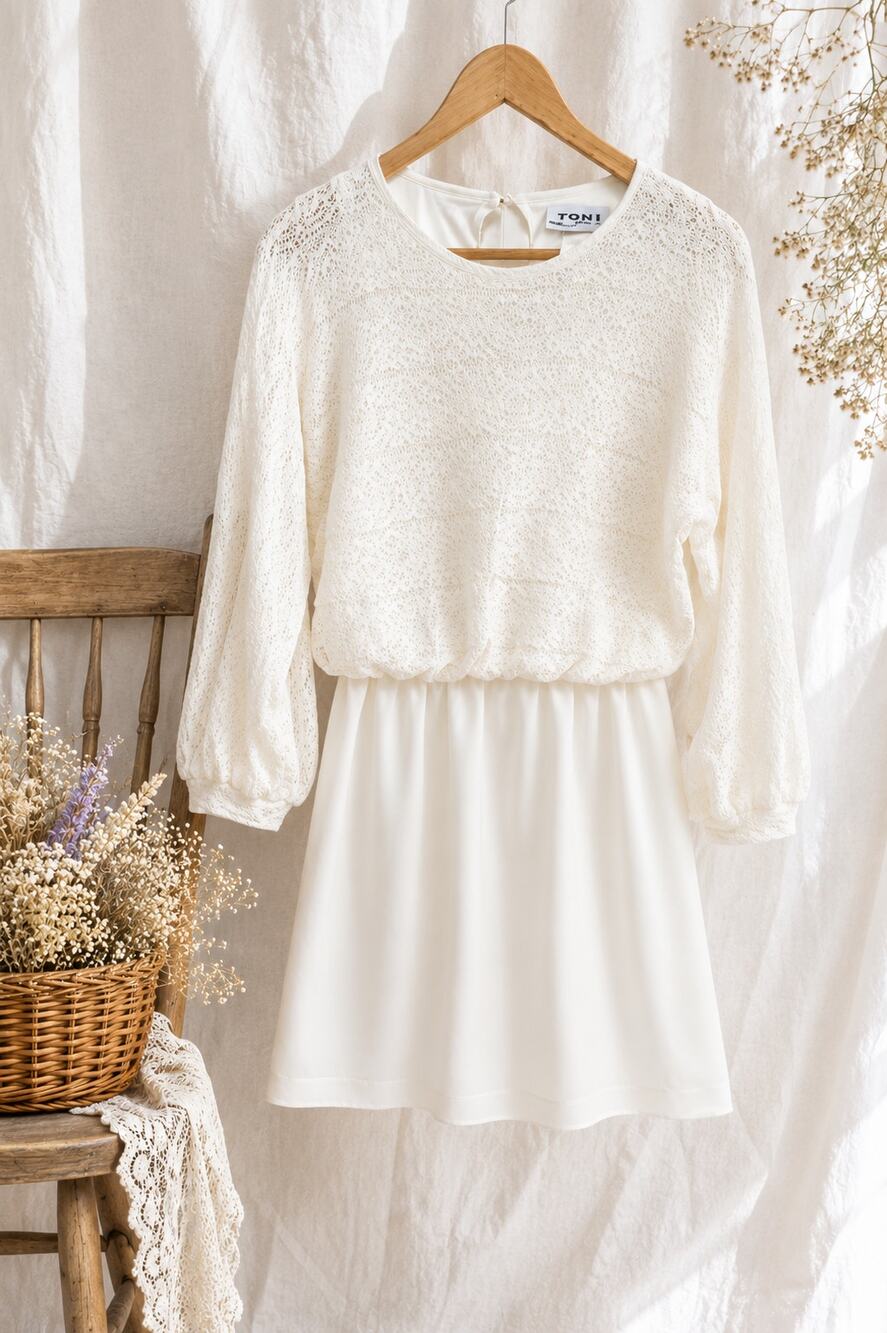 Vintage 80s Toni Petite White Lace Overlay Dress Cottagecore Boho USA Union Made